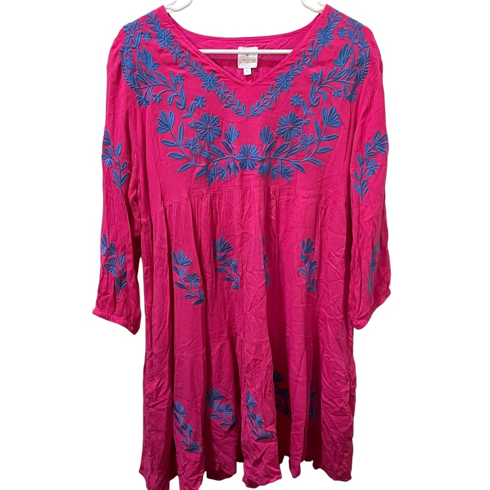 J. Marie Bright Pink Tunic Dress w/ Blue Floral Embroidery Women's Size Large